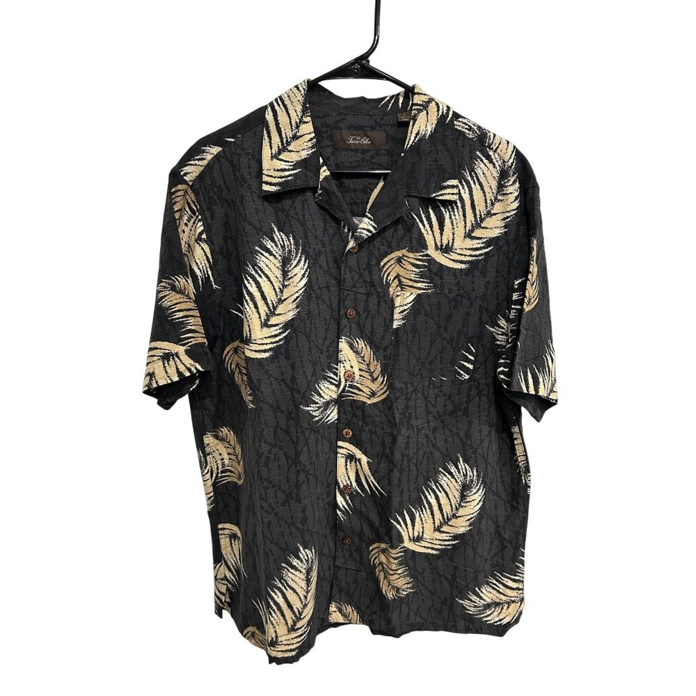 Tasso Elba Silk Button Front Hawaiian Shirt Black Beige Sz Large Feather Print